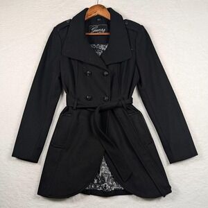 Guess Trench Coat Womens Medium Black Wool Floral Lining Belted Double Breasted
